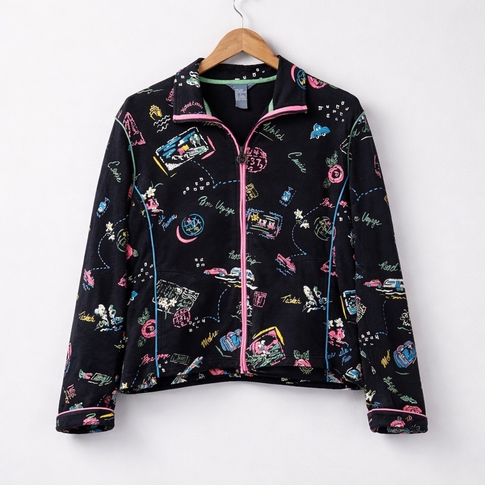 Vintage Koret Novelty Travel Print Jacket XL Black Pink Piping Bon Voyage